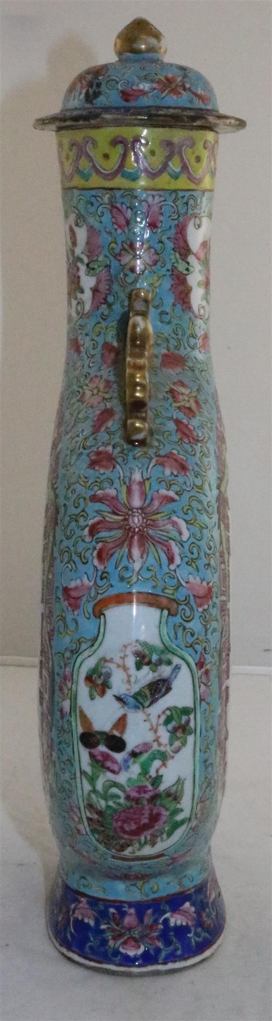 A large Chinese Canton-decorated famille rose moon flask and cover, 19th century, 44cm, restoration